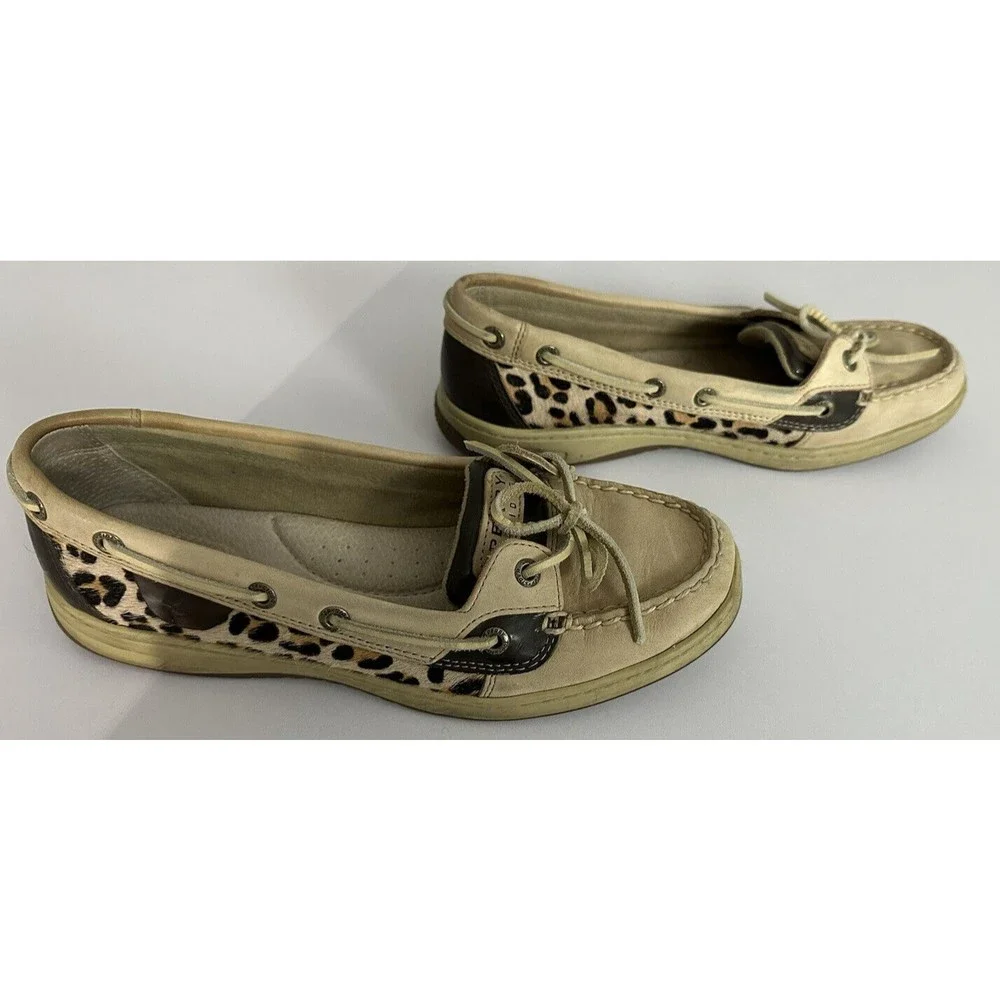 Sperry Top Siders Womens 8.5M Boat Shoes Beige Leopard Cheetah Print Flat Loafer